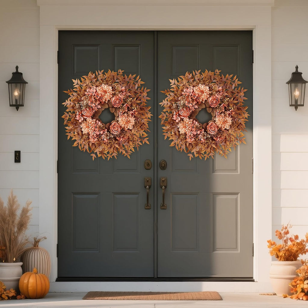 26" Artificial Silk Rose Dahlia Flower Wreath for Front Door (Fall Orange)