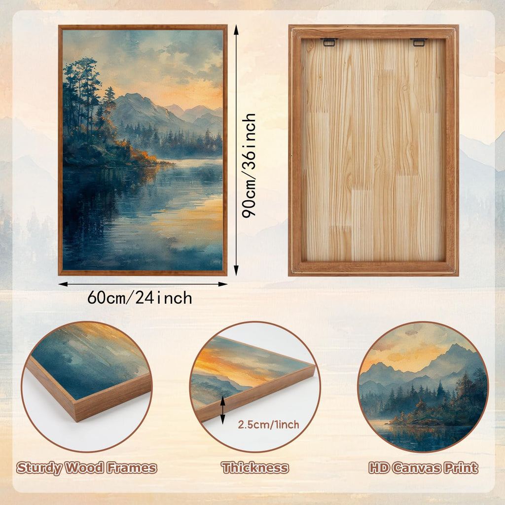 Mountain Lake Sunset Framed Wall Art Set of 3, 24x36 Landscape Decor