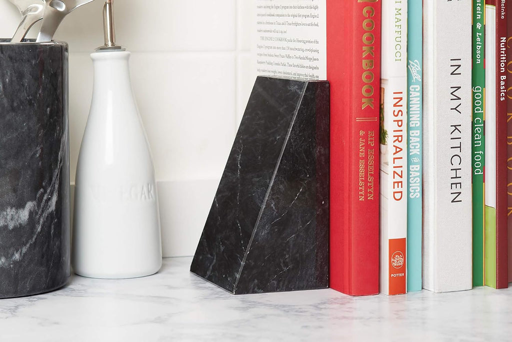 Natural Polished Marble Bookends, Black, Set of 2 Heavy Book Ends | 100% Beautiful Natural Marble Decorative Bookends