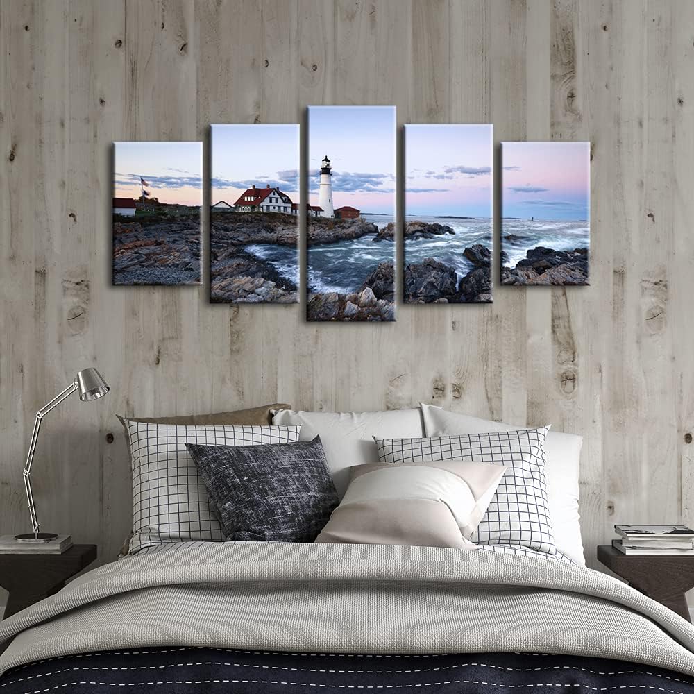 Portland Lighthouse 5 Panels Modern Canvas Prints Artwork Seascape Pictures to Photo Paintings on Stretched and