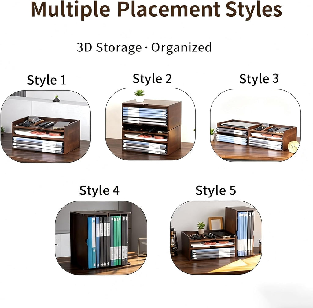 Wooden Desk Organizer with File Sorter, Stackable Paper Tray & Mail Holder | Solid Wood, No Assembly | 2-in-1 Tray &
