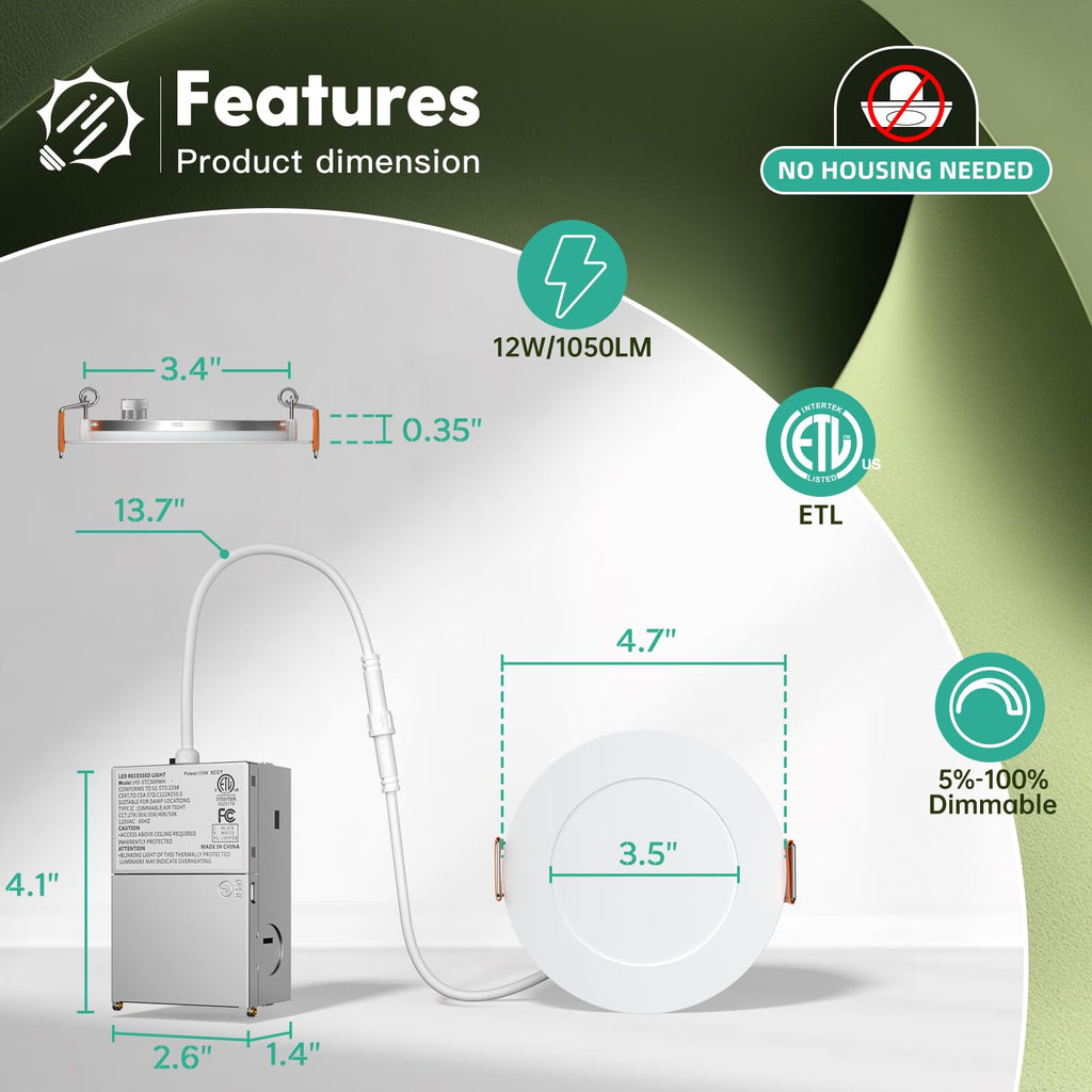 24 Pack 4 Inch LED Recessed Light with Junction Box, 5CCT