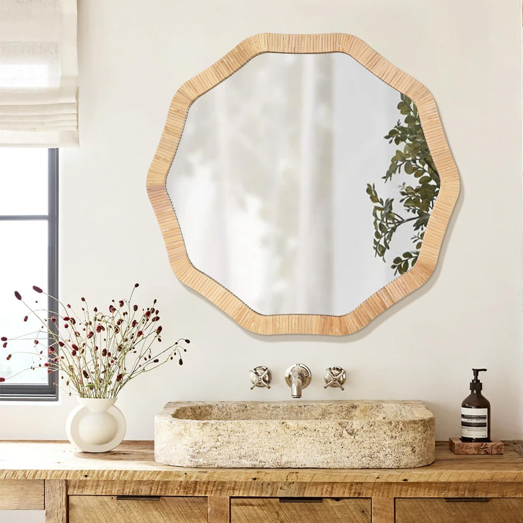 Rattan Wicker Bathroom Wall Mirror, 24 Inch Boho