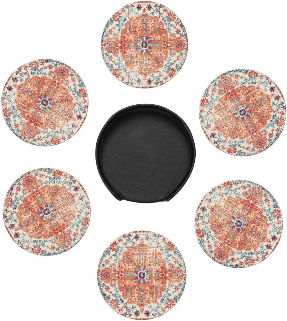 Vintage Retro Ethnic Boho Coasters for Drinks Round Leather Coaster with Holder for Tabletop Protection Desk - Set of 6