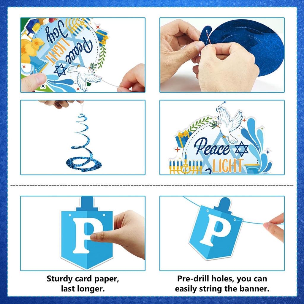 Hanukkah Decorations Blue and White Happy Hanukkah Banner and Hanging Swirls Need DIY Chanukah Party Decor - Set of 14