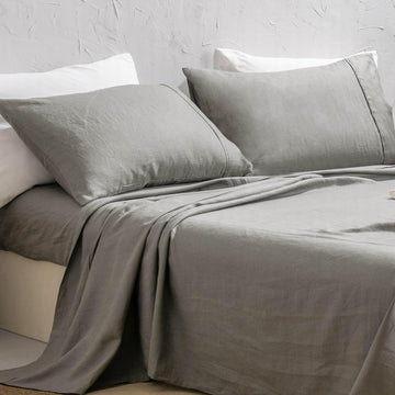 100% Washed French Linen Sheet Set - Charcoal Linen-4 Pieces (1 Flat Sheet, 1 Fitted Sheet & 2 Pillowcases)