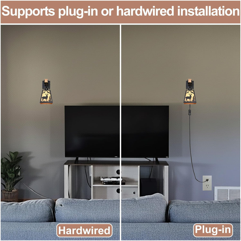 Plug in Wall Sconce, Deer Matte Metal Rustic Wall Sconces, Black Wall Lights, Farmhouse Parchment Paper Shades Wall