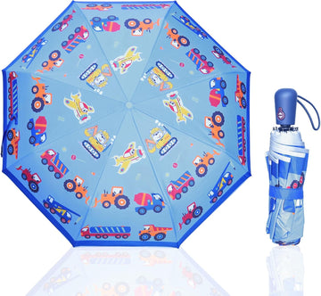 Kids Automatic Umbrella with Cartoon Print & Reflective Strip,easy One-Button Open Close, UPF 50+ Sun & Wind