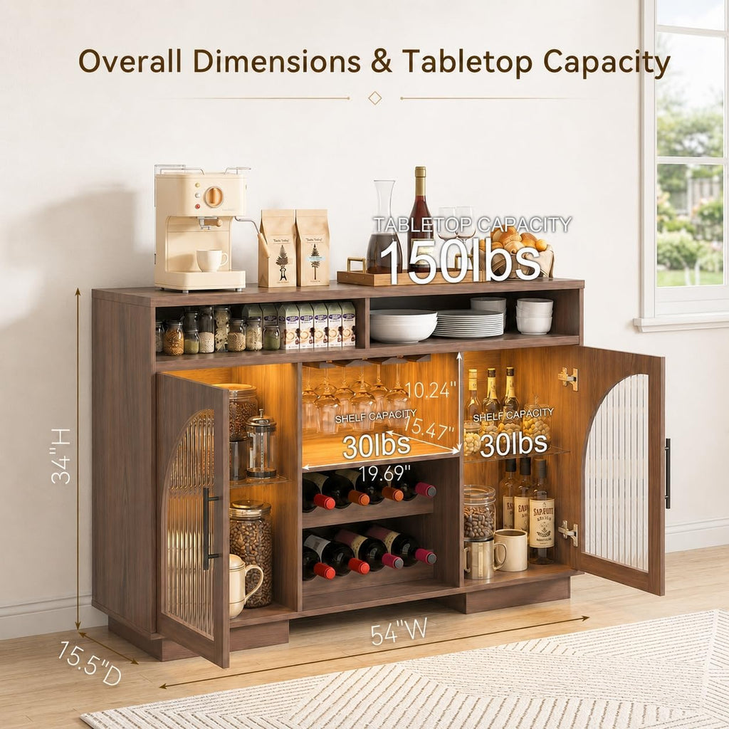 54" Coffee Bar Cabinet with Storage, LED Lights and Arched Glass Doors | Brown Wine Bar Cabinet with Wine Rack and