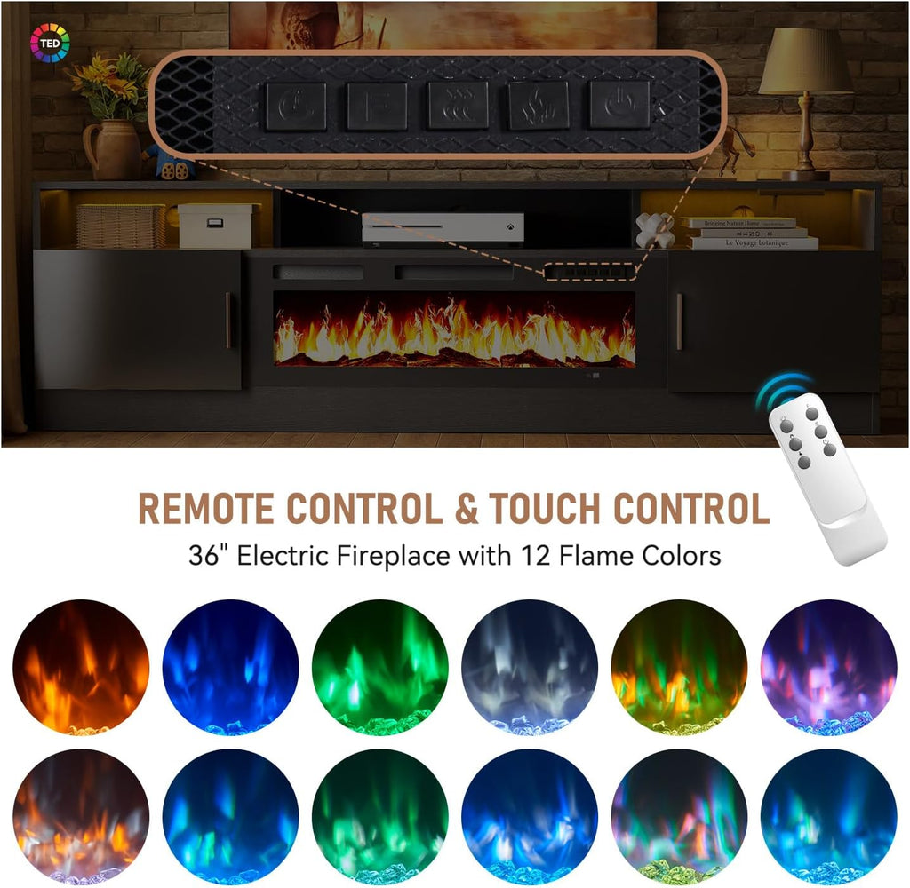 70" Fireplace TV Stand with Power Outlet for TVs UP to 80", Electric Fireplace Entertainment Center with LED Lights &