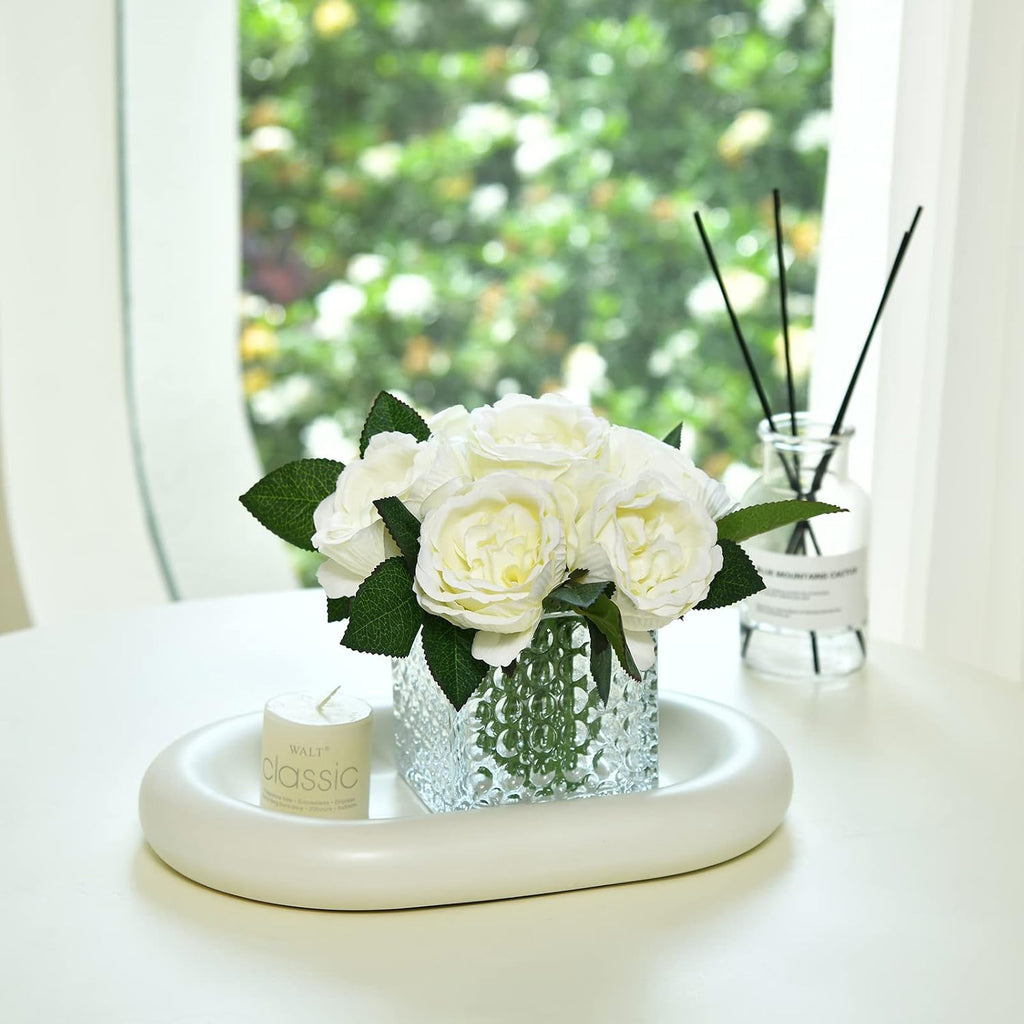 Artificial Peony Silk Flower Centerpieces Faux Floral Arrangement in Glass Vase Wedding Table Decoration (Cream)