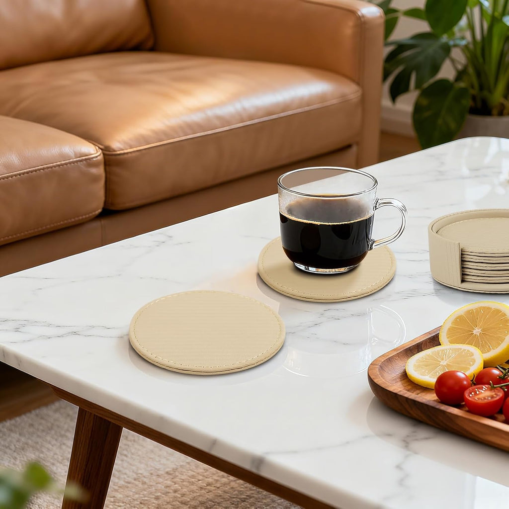 Leather Coasters with Holder, Tabletop Protection, Coffee Table & Bar Decoration, Modern-Style Drink - Set of 6