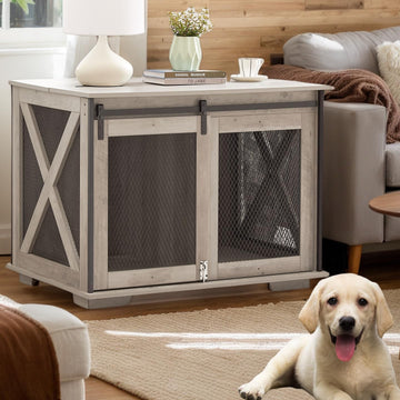 37''L Farmhouse Dog Cage Crate Furniture with Sliding Barn Door, Wooden Dog Kennel End Table with Flip-top Plate