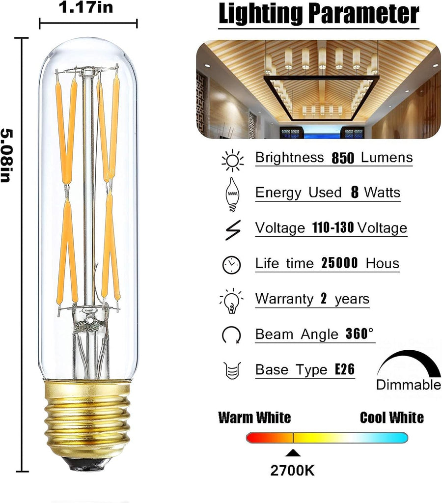 T10 Led Bulb, 8W Dimmable Led Tubular Bulbs, 75-100 Watt Equivalent, 2700K Soft Warm White,850lm, Clear Glass, E26