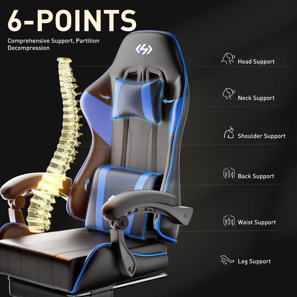 Gaming Chair with Footrest, Lumbar Support & Headrest, Black&Blue