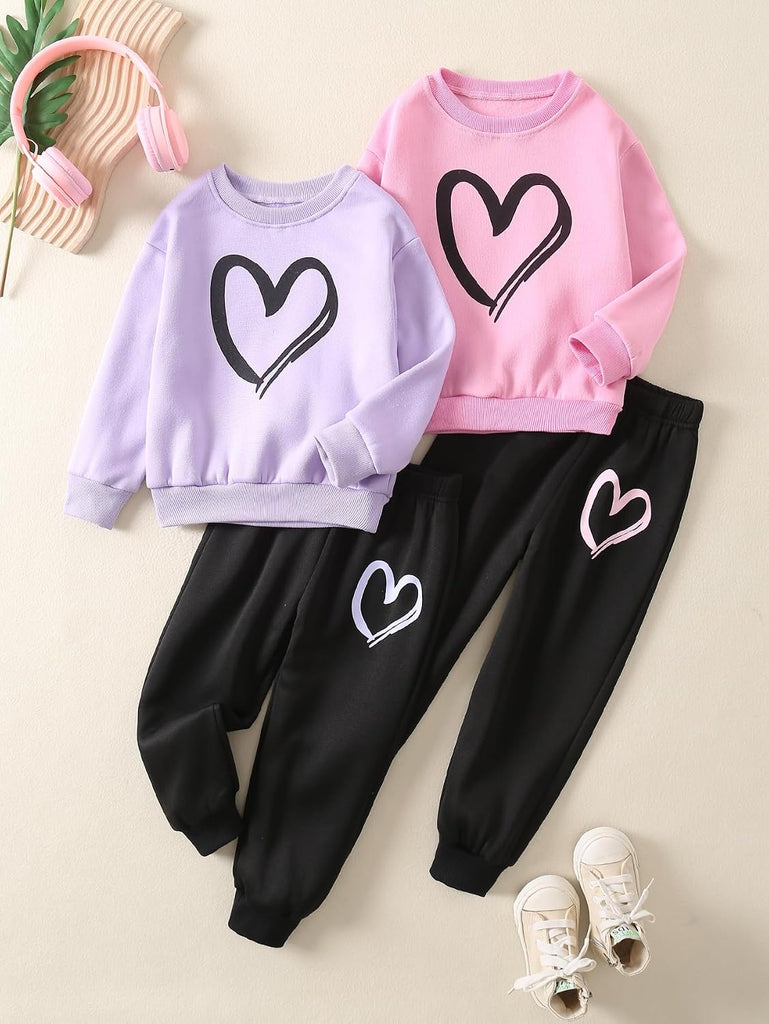 Graphic 4 Piece Outfits Heart Print Workout Hoodie and Sweatpants Fall Winter Clothing Set