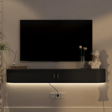 68.9" Floating TV Stand with LED & Outlet, Fluted Wall Mounted TV Shelf, TV Cabinet Black