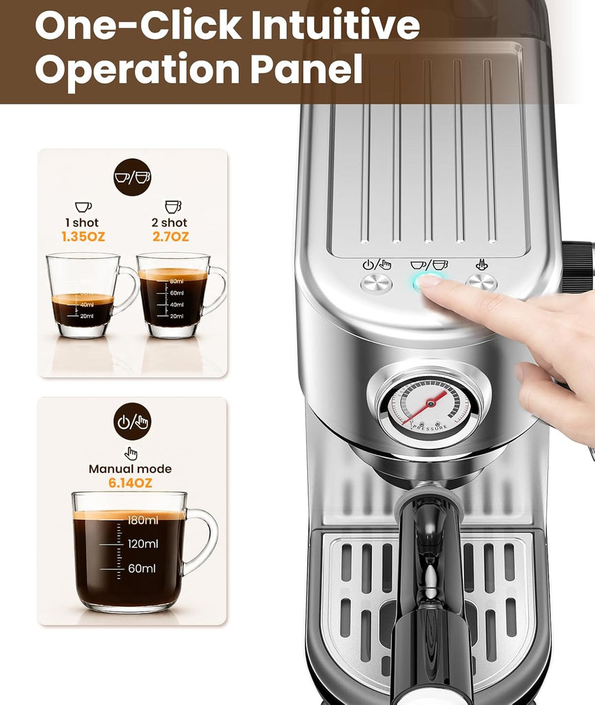 Espresso Machine with Milk Frother, 20 Bar Pressure Espresso Maker | with 44OZ Removable Tank, Compact Stainless