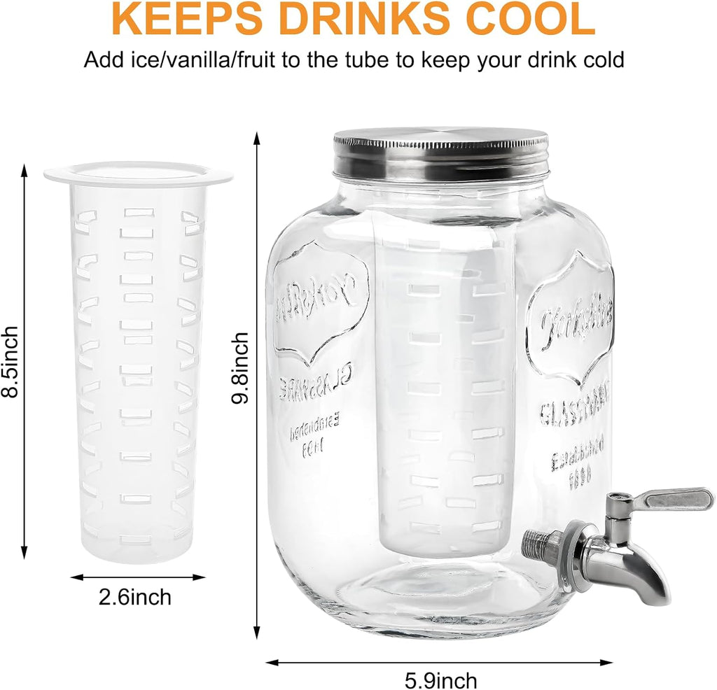 1 Gallon with Lid, Stainless Steel Spigot, for Parties, Lemonade Dispenser With Ice Cylinder for Weddings, Party,Sun