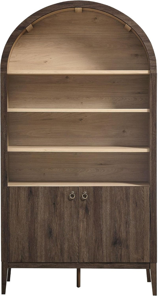 Nolan Tall Arched Storage Display Cabinet in Dark Walnut - 74 Inch Arch Bookshelf with Open and Closed Shelving