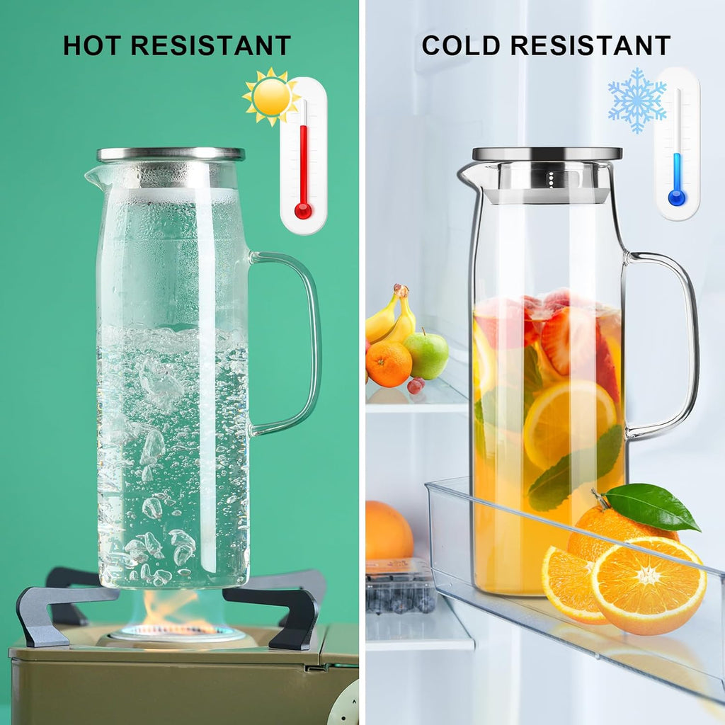 Glass Pitcher with Lid and Spout 50oz/ 1.5L, Hot/Cold Water Pitcher, Iced Tea Pitcher for the Shelf of Fridge, Easy