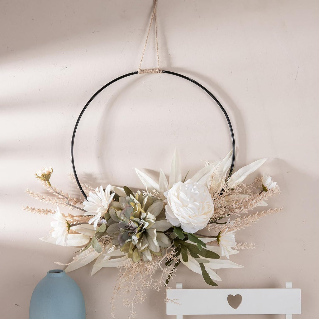 Artificial Floral Wreath for Front Door Floral Hoop Wreath Decor with White Flowers Green Leaves Garland Spring Wall
