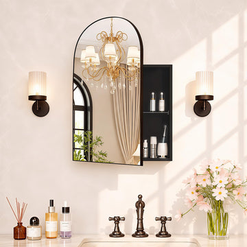Arched Recessed Medicine Cabinet with Mirror, 16 x 30 Inch, Black Frame