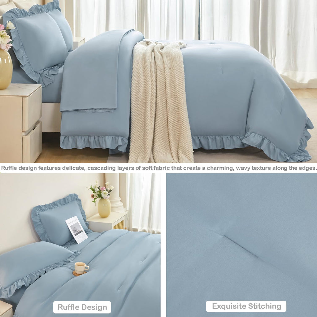 5Pcs Comforter Sets Dusty Blue Ruffle Bedding Sets
