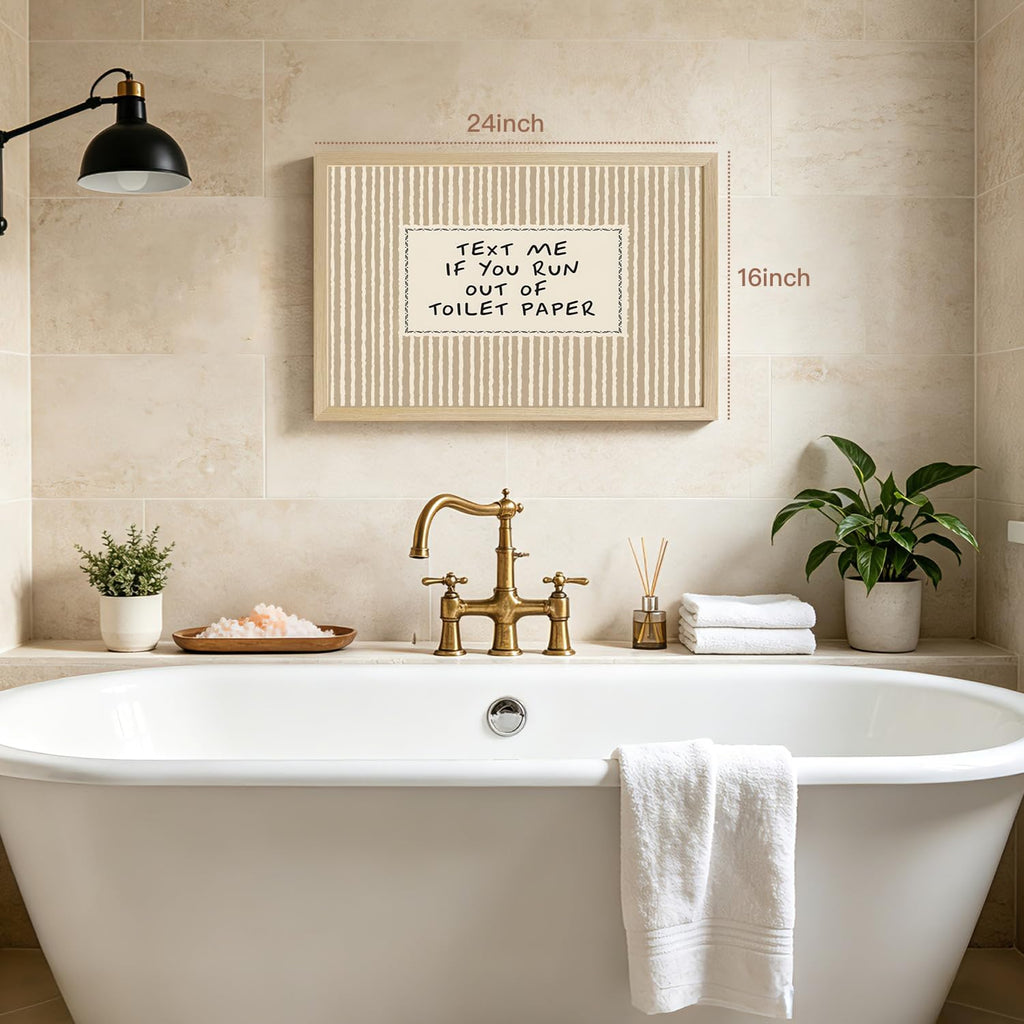 Wood Framed Funny Bathroom Wall Art, Text Me If You Run Out of Toilet Paper Quote Wall Decor, Minimalist Farmhouse