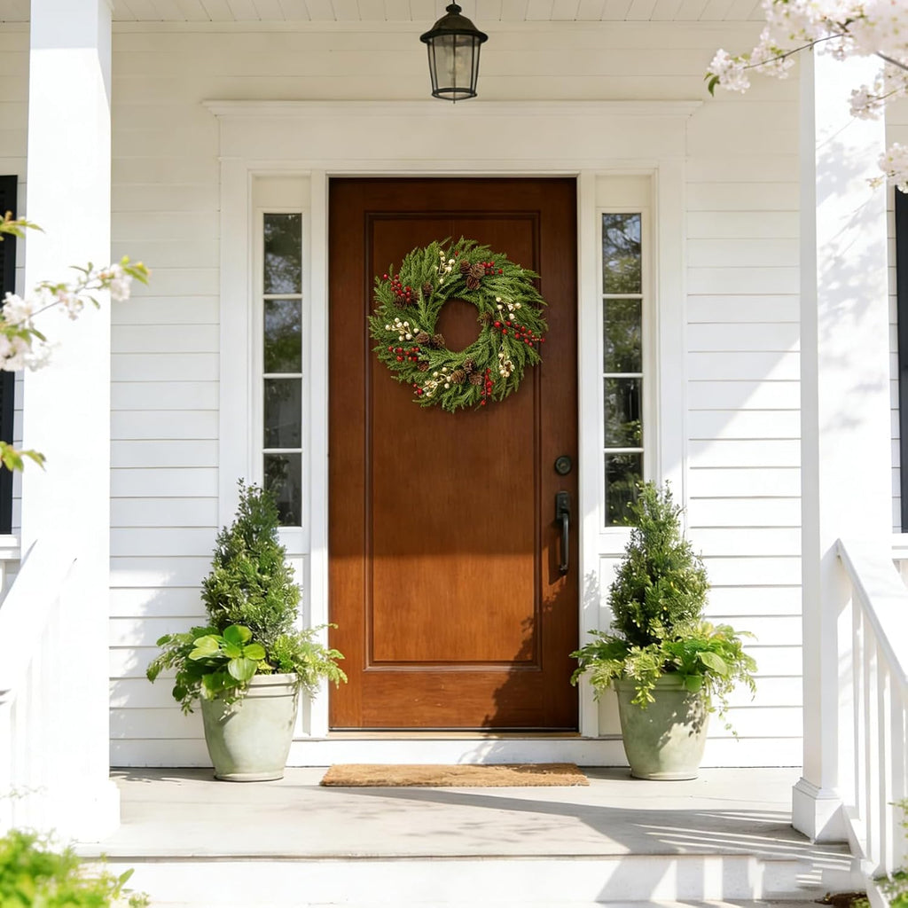 26" Norfolk Pine Wreath, Large Greenery Wreath for Front Door, Green Year Round Real Touch Artificial Greenery Wreath