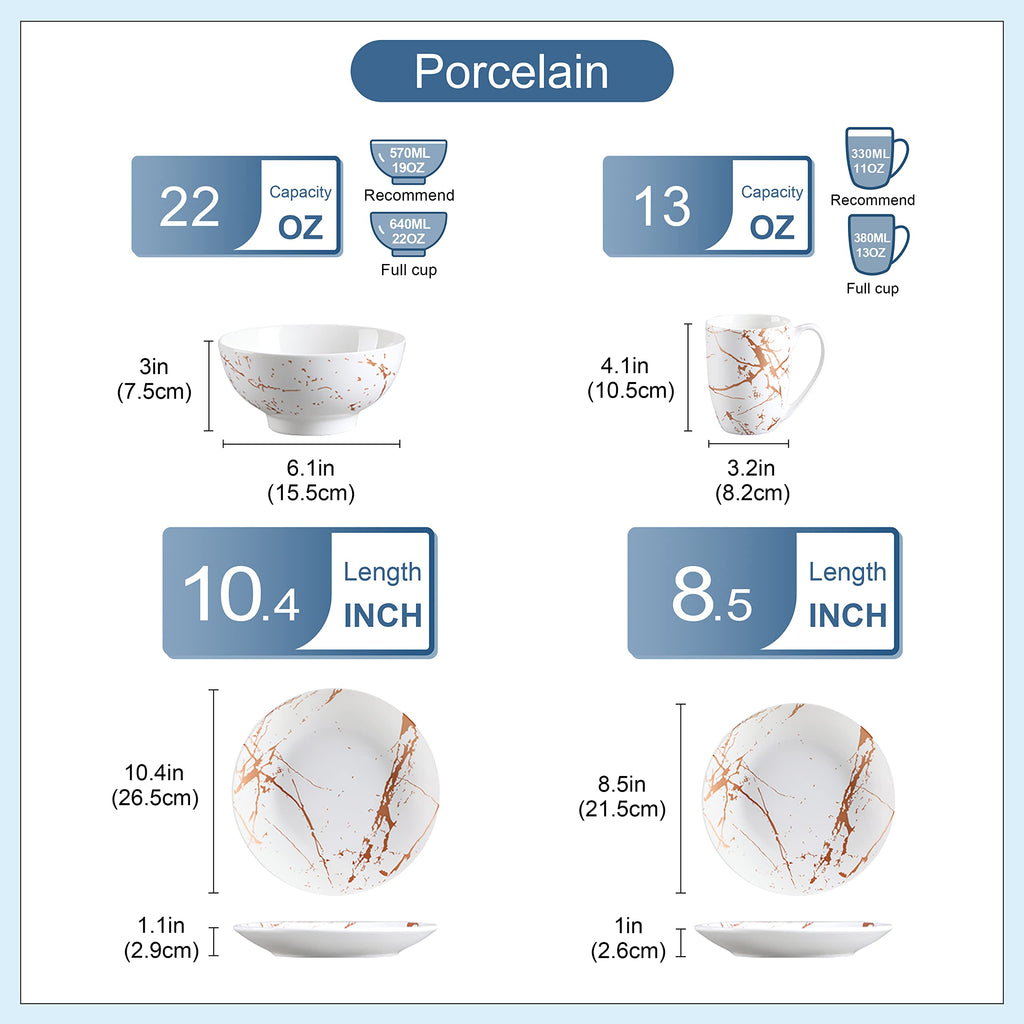White Dinnerware Sets for 4, 16 Piece Porcelain Dish Set Plates and Bowls Sets, Gold Splash Glaze Ceramic Dinner Set