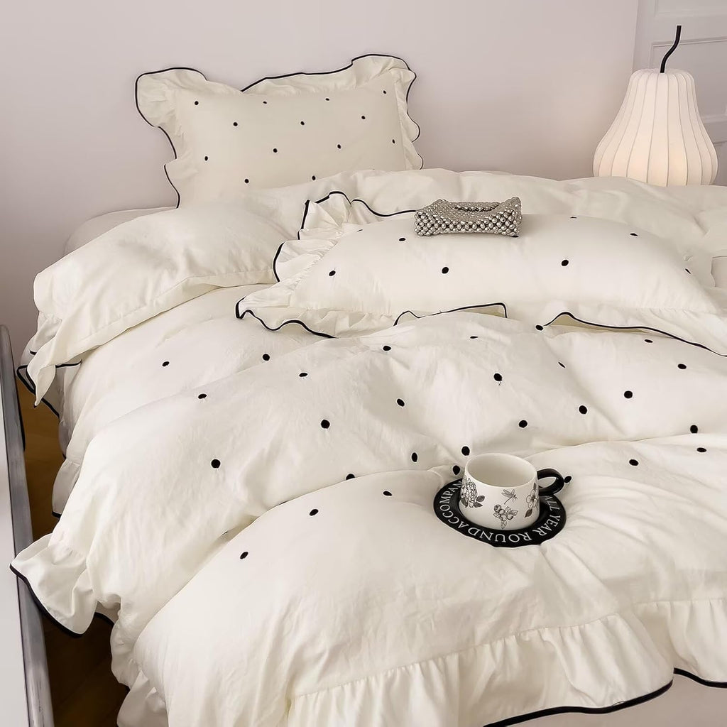 Polka Dot Duvet Cover Elegant White Ruffle Bedding Set