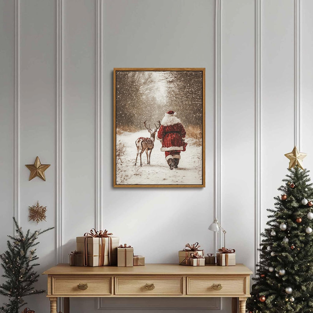 Vintage Christmas Santa Deer Framed Wall Art Snowy Forest Canvas Art