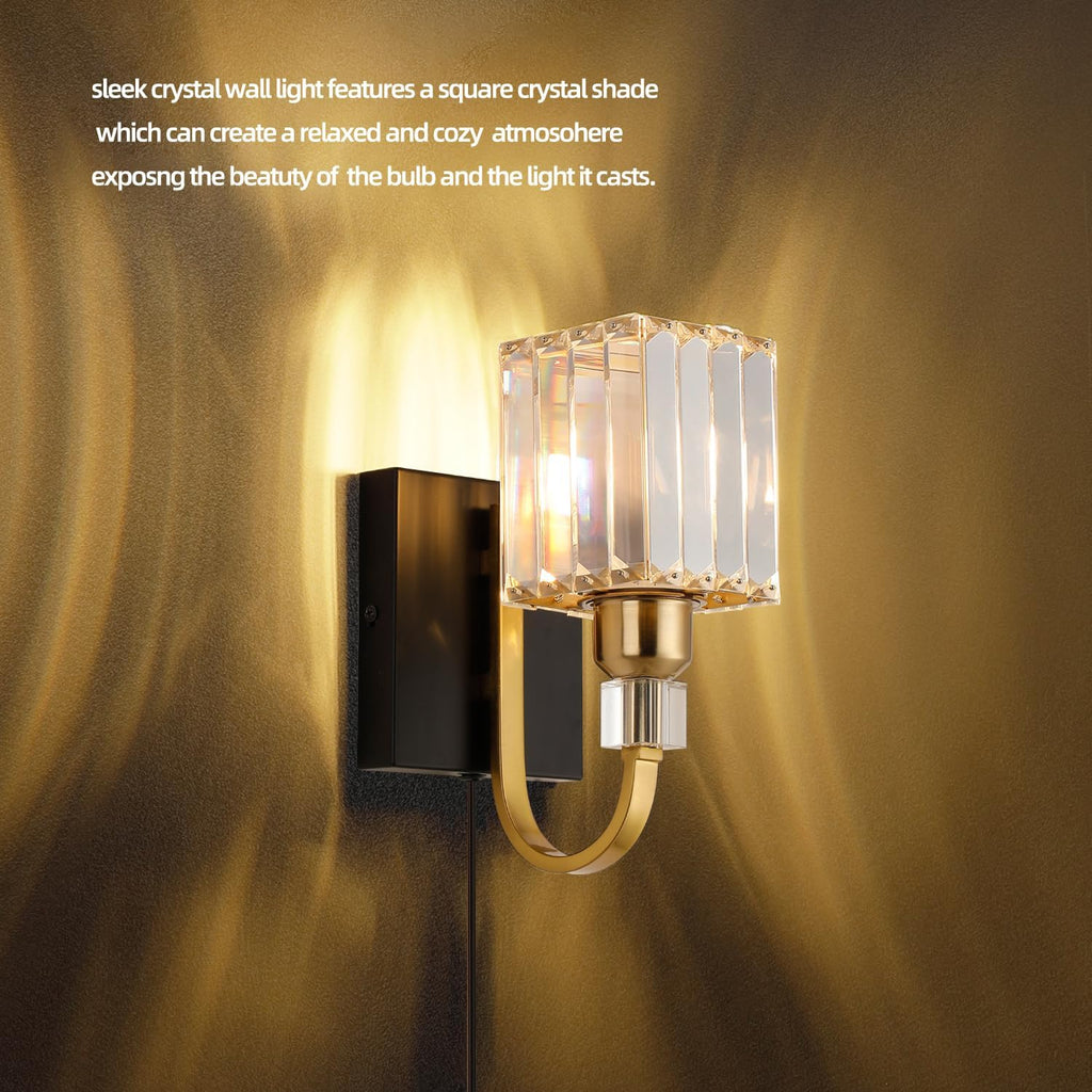 Modern Crystal Wall Sconce with Plug，Black Gold Wall Mounted Light Fixture, Plug-in Vanity Light with On/Off Switch