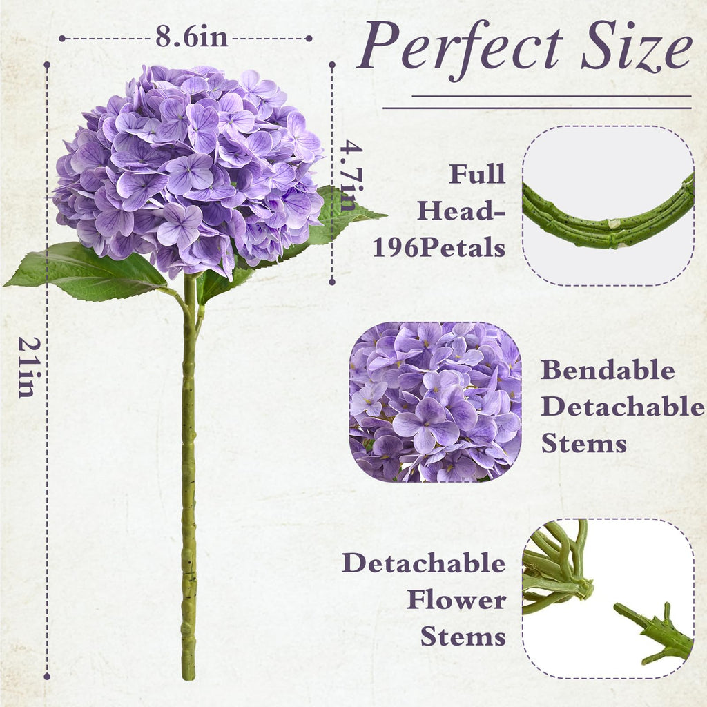 Hydrangea Artificial Flowers, 21in Real Touch Artificial Hydrangea Flowers, Purple Latex Full Flower Head with Stems