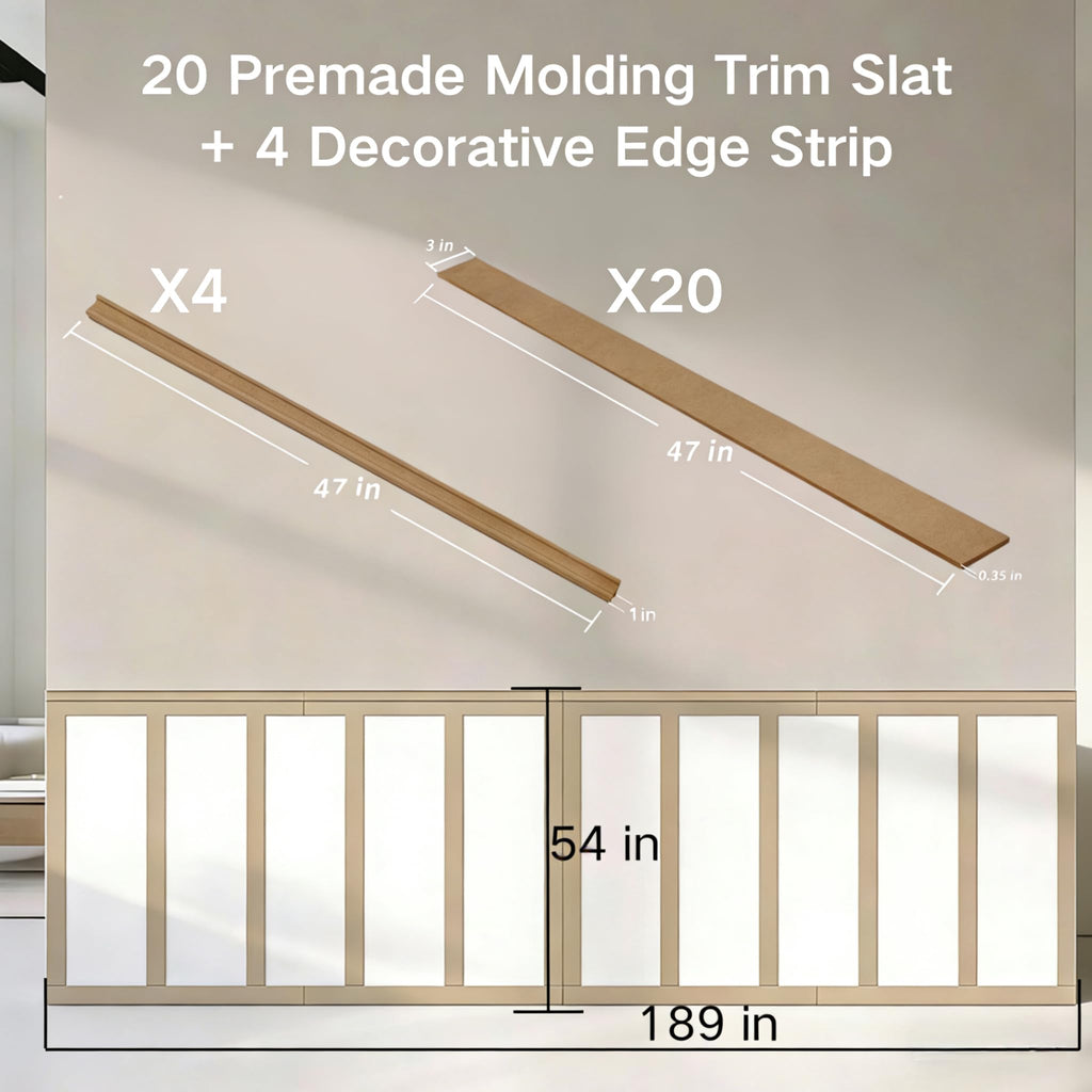 189 x 54 Inch MDF Premade Board and Batten Paintable Wainscoting Kit