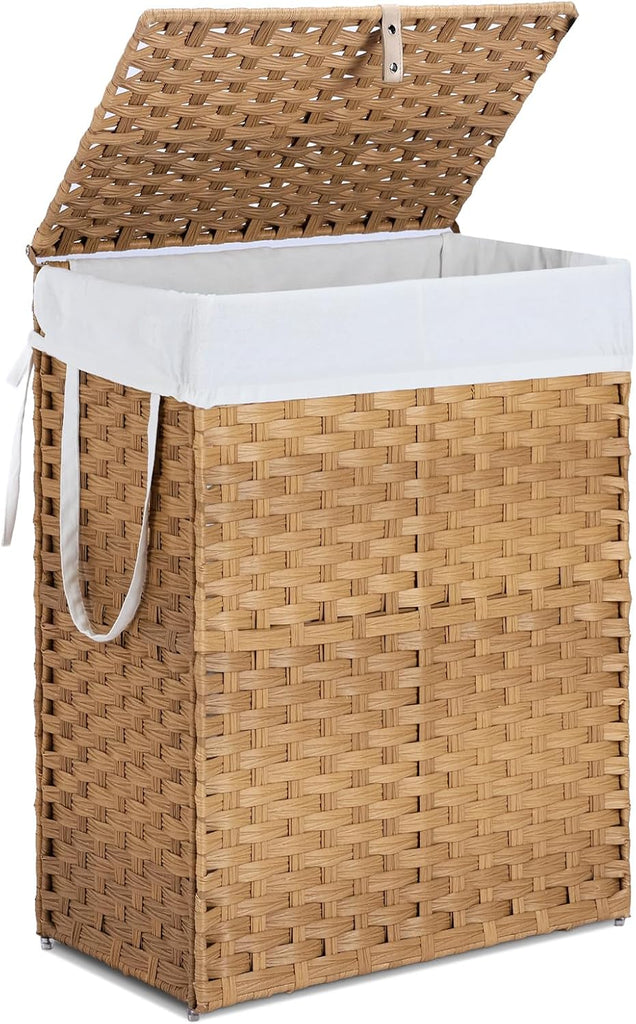 Laundry Hamper with Lid, 90 L Rattan Clothes Laundry Basket with Lid and Handles, Foldable Clothes Hamper, Removable