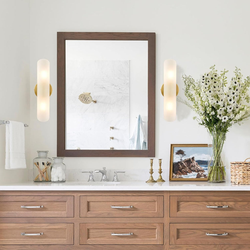 Modern Brass Wall Sconces Set of Two Frosted Glass Wall Light Fixture 2-Light Cylinder Bathroom Vanity Lights Gold