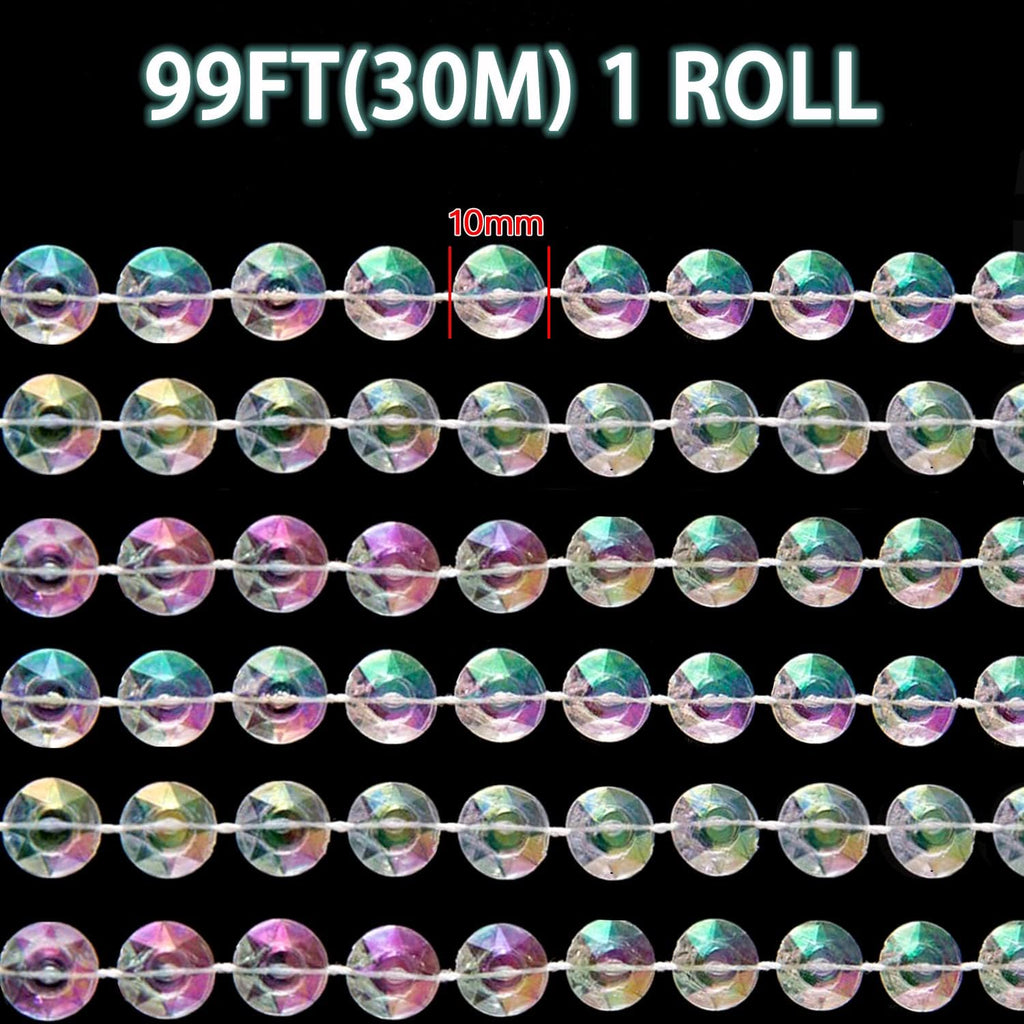 99ft Crystal Bead Garland for Christmas Tree Decorations, Iridescent Acrylic Beaded Garland Strand Roll