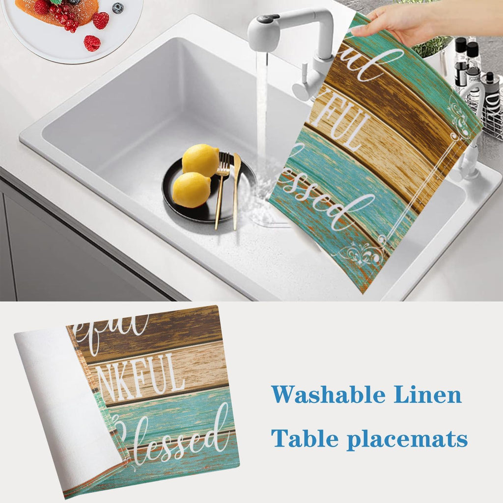 Farmhouse Teal Placemats Thankful Blessed Table Mats - Set of 4