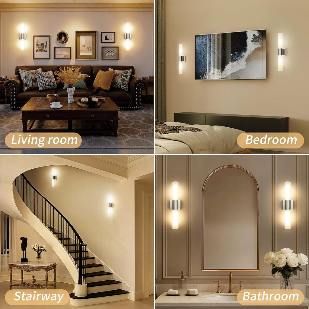 Wall Sconces Set of Two, Modern 21" Vanity, Frosted Glass, Silver | Indoor Wall Light Fixture. , Mirror, Bedroom