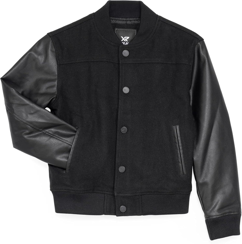 Boys Outerwear Coat with Faux Leather, Wool Varsity Bomber Jacket for Kids W/Grainy PU Sleeves for Boys