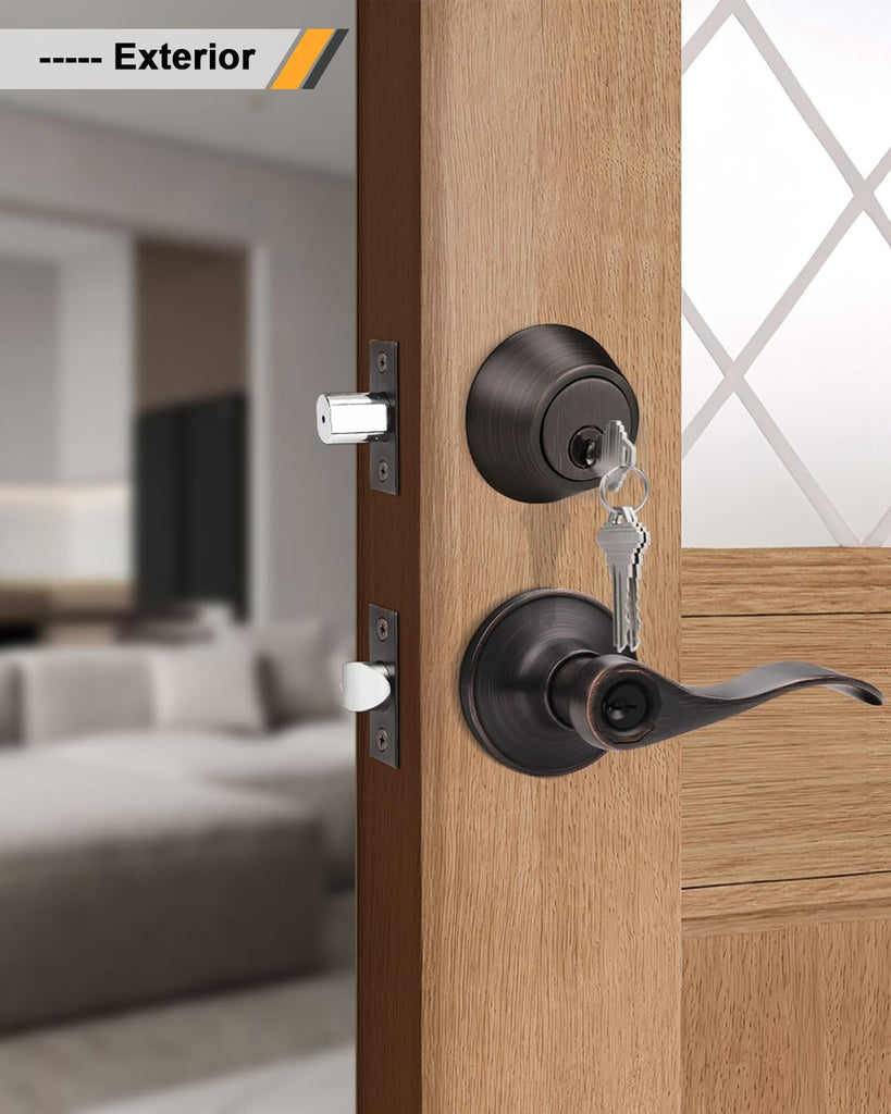 Front/Exterior Door Lever Lockset with Single Cylinder Deadbolt, 1 Pack Keyed Alike Oil Rubbed Bronze Combination
