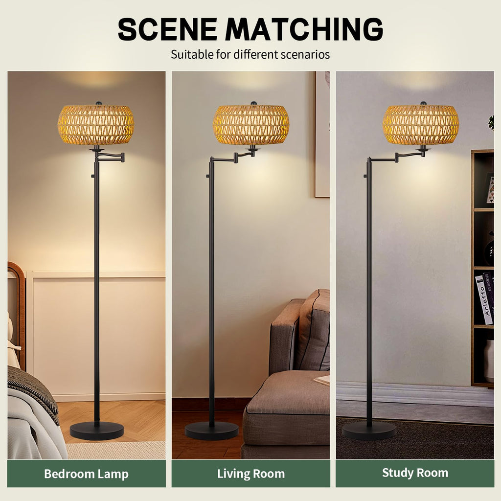 Dimmer Rattan Floor Lamp, Tall Boho Standing Lamp with Swing Arm, Hand Woven Lamp with 2 * 9W LED Bulb, Bright Tall Lamp