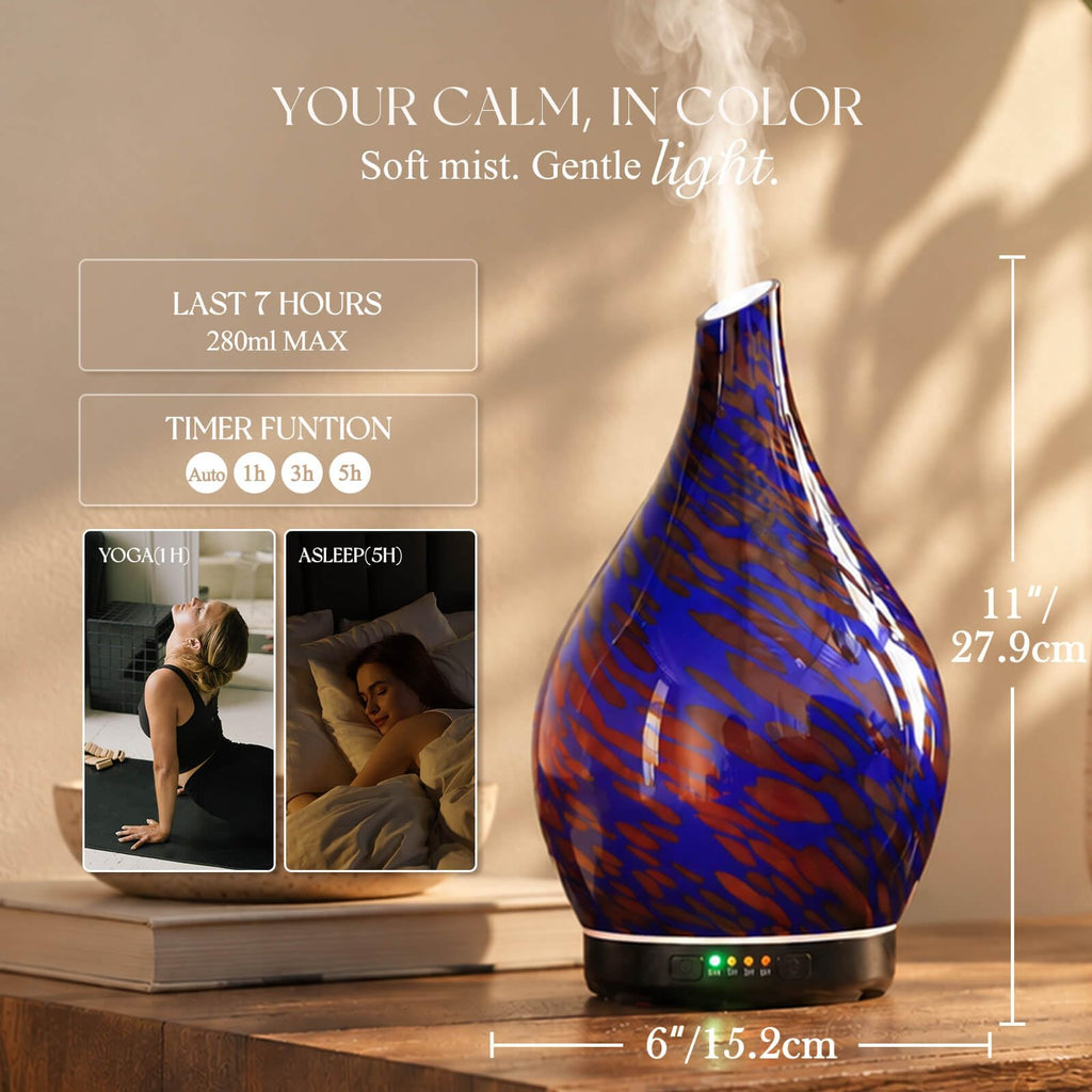 Essential Oil Diffuser 280ml Glass Ultrasonic Mist 7H