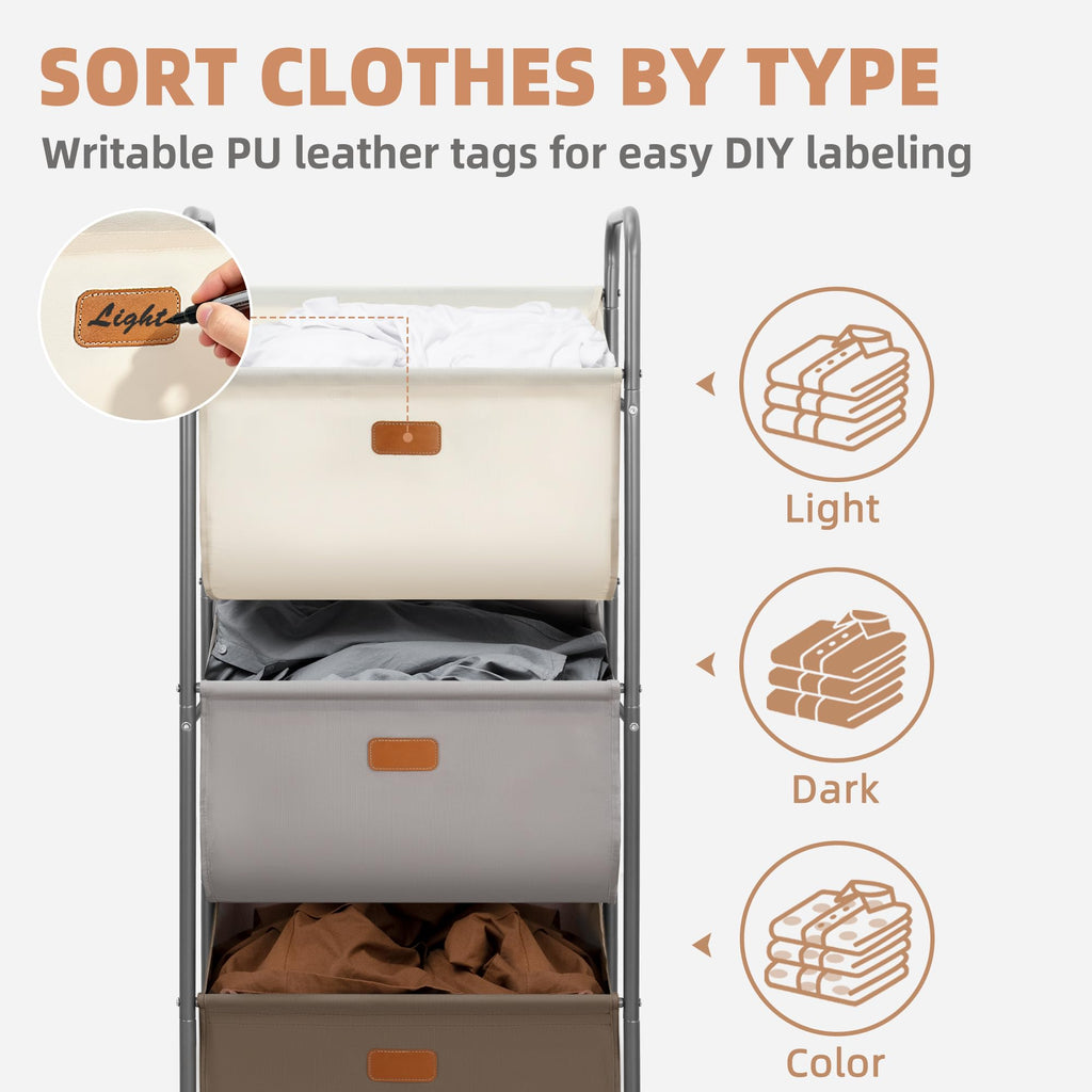 120 Liters Vertical Rolling Laundry Hamper, 3 Section Laundry Sorter with Wheels and 2 Breaks, 3-tier Laundry Baskets