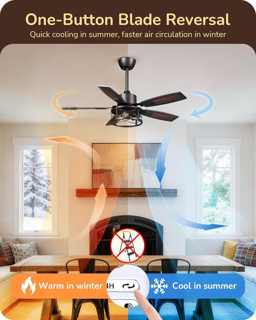42" Farmhouse Ceiling Fans with Lights and Remote, 10%-100% Dimmable, Reversible DC Motor, 6 Speed, 5 Wooden Blades