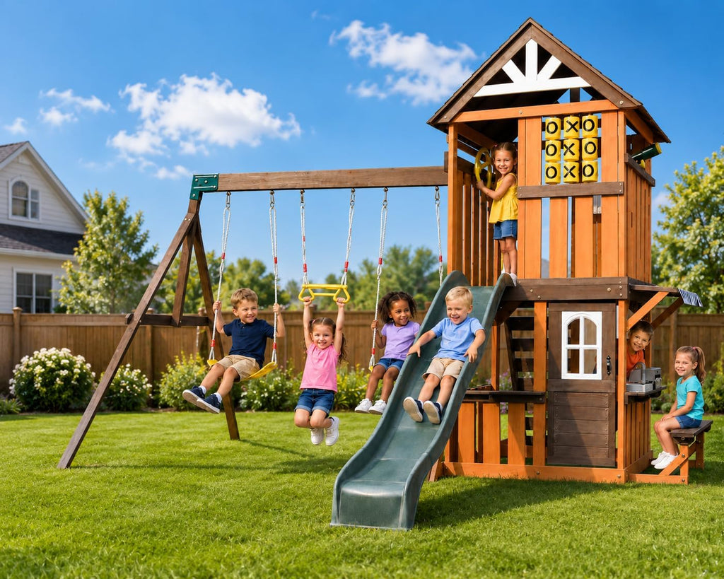 Cedar Wood Swing Set with Slide,Rock Wall,Belt Swings,Tic-Tac-Toe, Play Kitchen for Kids Backyard Outdoor
