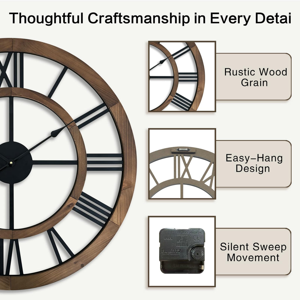 30 Inch Oversized Rustic Wall Clock Silent Non-Ticking Wooden Wall Clocks with Roman Numerals Farmhouse Decorative
