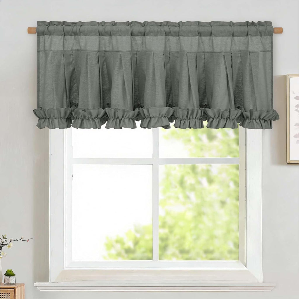 Grey linen ruffle valance for windows - Casa Home Living